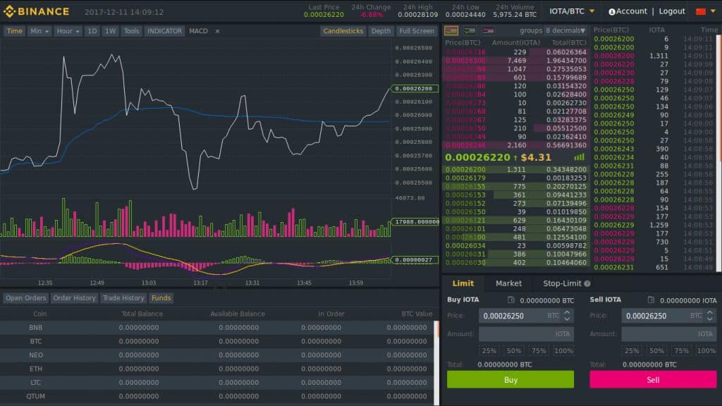 Interface for the advanced view of Binance.