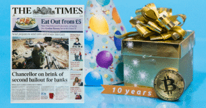 Today bitcoin turns ten years – Bitmex celebrates by advertising on front page of The Times.