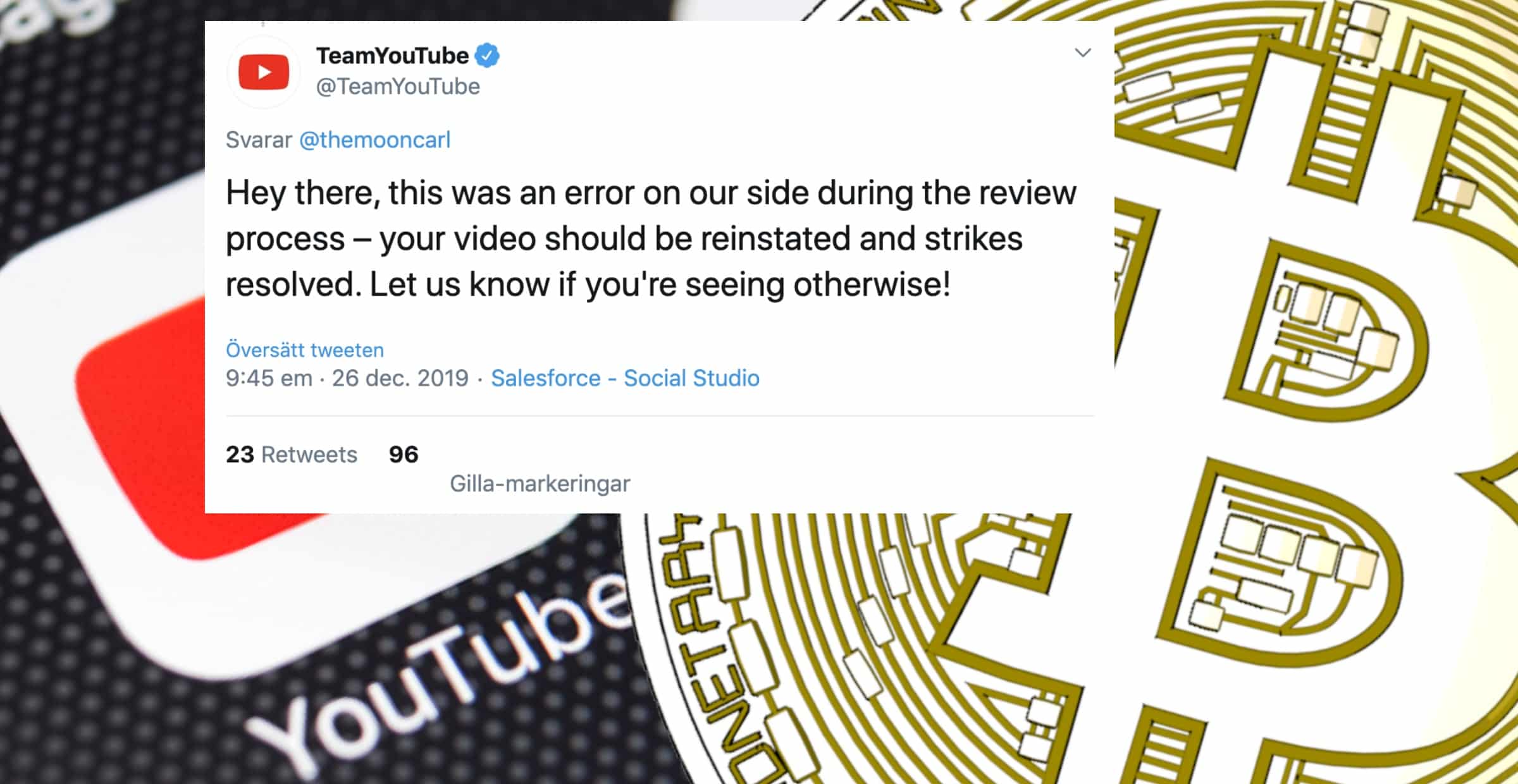 Youtube erkänner – var ett misstag att radera kryptoinnehållet