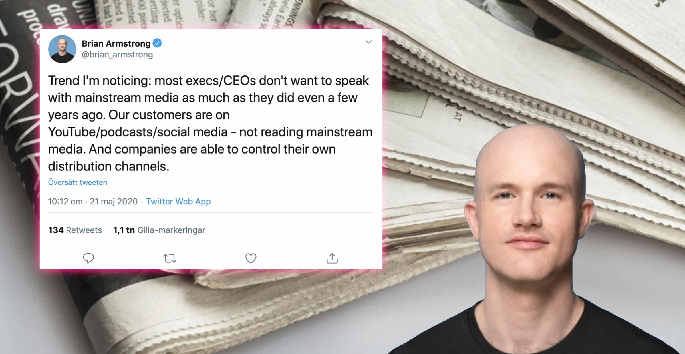 Kryptobörsen Coinbases vd dissar stora nyhetsmedier: Kan vara rent ut sagt elaka