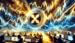 DALL·E 2023-11-14 11.21.24 - A digital art piece depicting a chaotic stock market environment with fluctuating cryptocurrency graphs, prominently featuring XRP. In the f