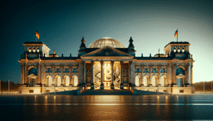 DALL·E 2023-11-17 10.00.08 - An image depicting the German Bundestag (parliament) building with a large Bitcoin symbol projected onto its facade. The scene is set in the