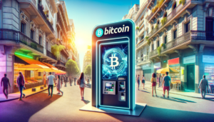 DALL·E 2023-11-17 10.31.19 - A modern Bitcoin ATM in Argentina with a vibrant, technologically advanced setting. The ATM is sleek and contemporary, with a clear display