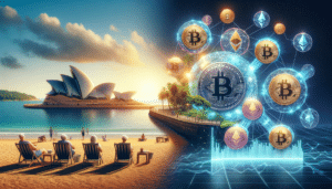 DALL·E 2023-12-01 09.46.44 - A horizontal image depicting the concept of cryptocurrency and retirement savings in an Australian context. The scene is split in two halves