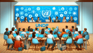 DALL·E 2023-12-01 10.12.20 - An illustrated horizontal banner showing a diverse group of United Nations Development Programme (UNDP) staff learning about blockchain tech