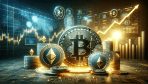 DALL·E 2023-12-08 17.25.52 - A horizontal image designed for a news article, showing a conceptual visualization of the cryptocurrency market in 2024. The image features