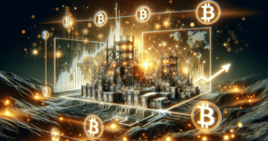 DALL·E 2023-12-19 10.39.49 - A horizontal image representing the concept of Bitcoin and its mining industry. The image should illustrate a digital landscape, with repres