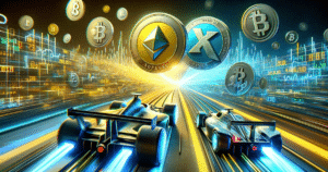 DALL·E 2023-12-21 09.58.26 - An artistic representation of the Solana (SOL) cryptocurrency overtaking XRP in a race. The scene is set on a digital landscape, symbolizing