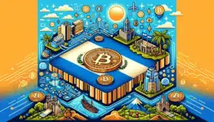 DALL·E 2024-02-06 10.21.05 - Create a horizontal image showcasing El Salvador's commitment to cryptocurrency, featuring bitcoin symbols and Salvadoran national symbols.