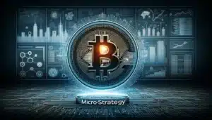 DALL·E 2024-02-13 09.48.09 - A stylized image showing a large digital bitcoin symbol in front of the MicroStrategy logo, against a background illustrating technological