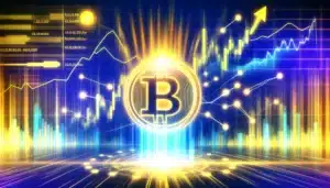 DALL·E 2024-02-16 11.05.24 - Illustrate a dynamic and engaging scene showing a large, digital Bitcoin symbol glowing brightly against a backdrop of financial graphs and