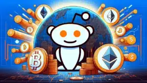 DALL·E 2024-02-23 09.24.27 - Create an image featuring the Reddit logo alongside Bitcoin and Ether symbols, set against a background representing global financial marke
