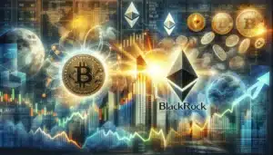 DALL·E 2024-02-28 11.40.42 - A digital collage featuring the BlackRock logo, a rising graph representing the surge in Bitcoin ETF trading volume, and symbols of Bitcoin