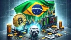 DALL·E 2024-03-01 11.43.15 - Create an image illustrating the launch of Brazil's first bitcoin ETF by BlackRock, featuring the BlackRock logo, the Brazilian flag, and g