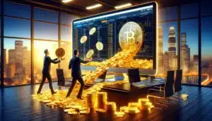 DALL·E 2024-03-04 09.50.54 - Visualize a conceptual scene where investors are metaphorically pulling massive amounts of bitcoin represented as golden coins out of a lar