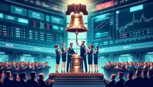 DALL·E 2024-04-16 11.11.16 - Illustration of a stock market bell-ringing ceremony at a stock exchange listing. The scene includes a diverse group of people, including a