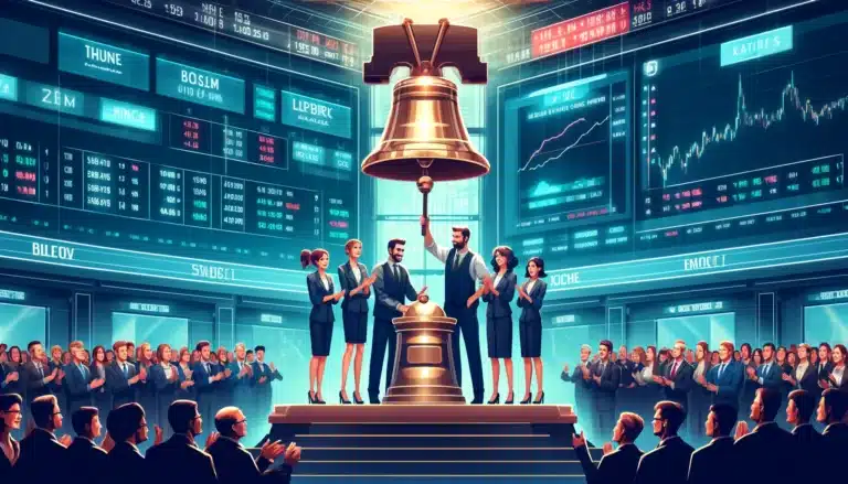 DALL·E 2024-04-16 11.11.16 - Illustration of a stock market bell-ringing ceremony at a stock exchange listing