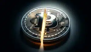 DALL·E 2024-04-22 12.13.34 - A digital representation of a Bitcoin coin being split in half, symbolizing the halving event. The image should show one Bitcoin with a shi