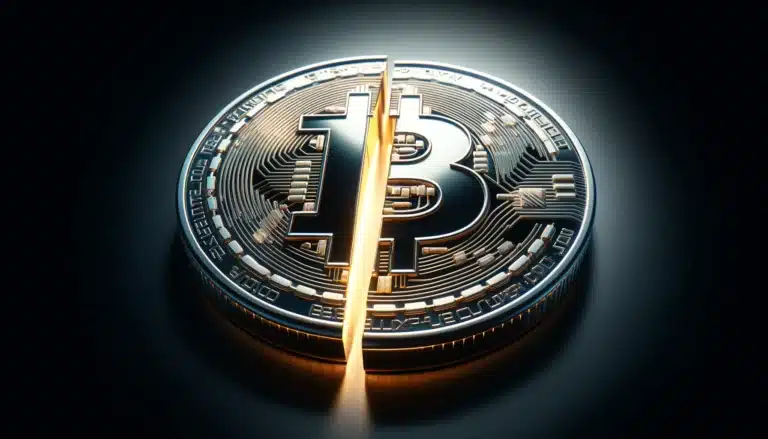 DALL·E 2024-04-22 12.13.34 - A digital representation of a Bitcoin coin being split in half, symbolizing the halving event