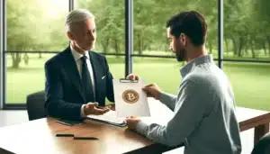 DALL·E 2024-04-25 18.32.51 - A financial advisor sitting at a table, handing over a document with a Bitcoin logo to a middle-aged client. They are seated at a desk with