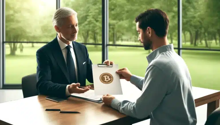 DALL·E 2024-04-25 18.32.51 - A financial advisor sitting at a table, handing over a document with a Bitcoin logo to a middle-aged client