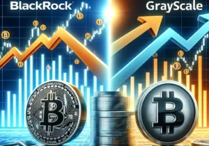 DALL·E 2024-05-29 11.50.01 - A financial news graphic showing the competition between BlackRock's iShares Bitcoin Trust (IBIT) and Grayscale Bitcoin Trust (GBTC). The i