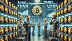 DALL·E 2024-06-18 13.41.08 - Bitcoin miners in a large data center selling their bitcoin. The image shows a modern cryptocurrency mining facility with rows of mining ri