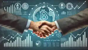 DALL·E 2024-06-26 15.38.44 - Two hands shaking hands to represent a business acquisition in the fintech and cryptocurrency sector, with a background showing financial g